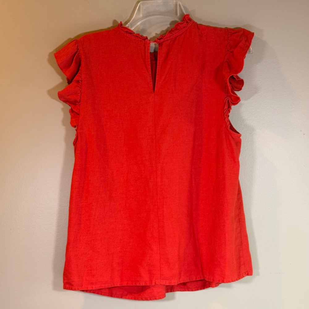 Marc New York Top Womens L Red Ruffle Sleeve Linen Blend Parisian Chic - Picture 2 of 7
